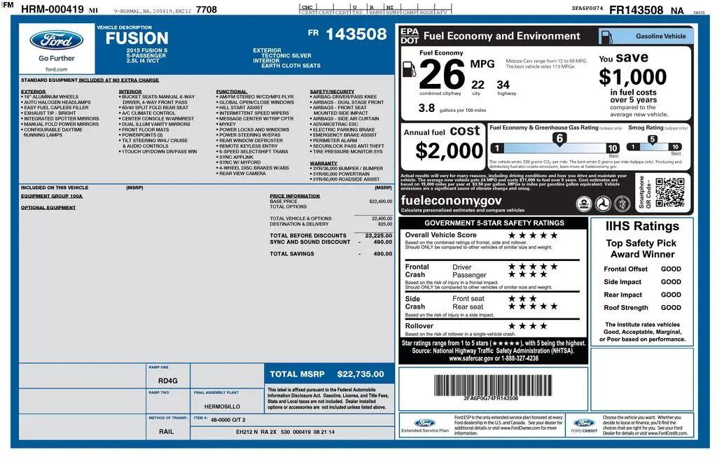 2015 Ford Fusion S — photo 1 of 2